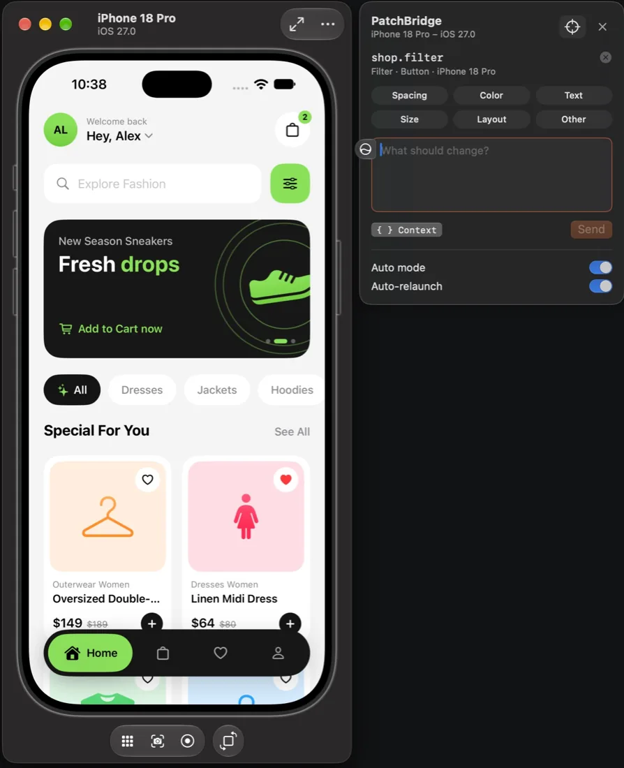 The same Simulator window after clicking the filter button. The Pointfix panel shows shop.filter, “Filter · Button · iPhone 18 Pro”, category chips, a “What should change?” field, a “{ } Context” toggle, Send, and Auto mode and Auto-relaunch switches turned on.