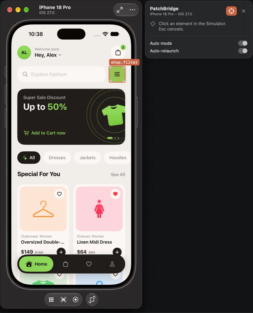 The iOS Simulator running a shop app with the Pointfix panel attached to its right edge. Targeting is on: the panel reads “Click an element in the Simulator. Esc cancels.” and the app’s filter button is outlined in orange with the label shop.filter.